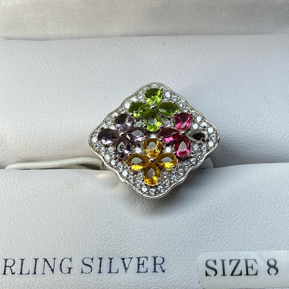 Macys gemstone cz flower sterling ring